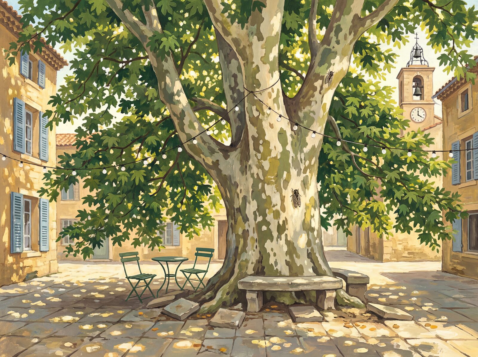 Experience the somnolent peace of a Provencal afternoon under a plane tree. Featuring warm stone, fresh greens, and dapple gold. Made to order.