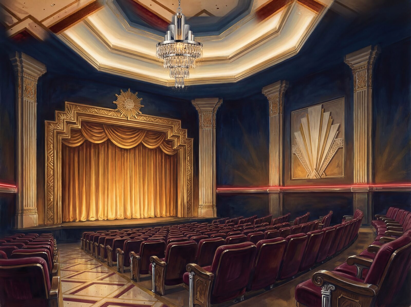 Scenic mural wallpaper in Auditorium Dark, Curtain Gold, and Neon Glow. Made to order.