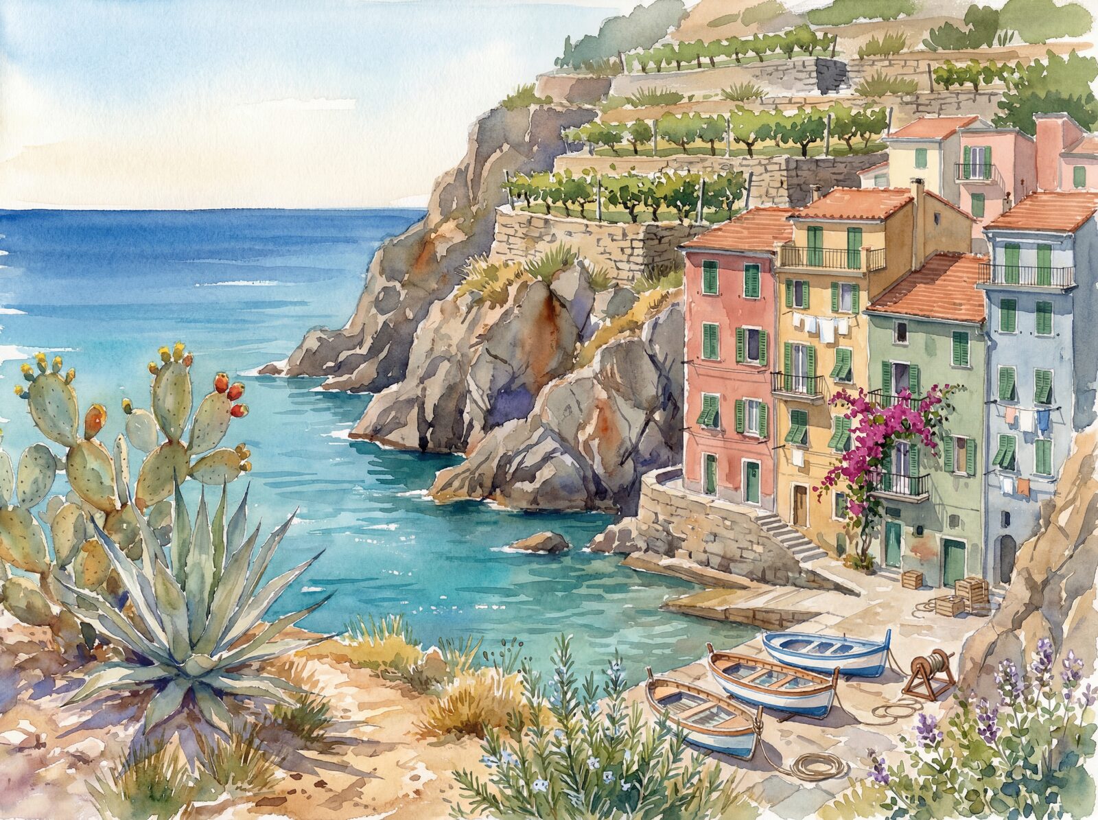 Vibrant Mediterranean scene with blues, pinks, and greens. Made to order.