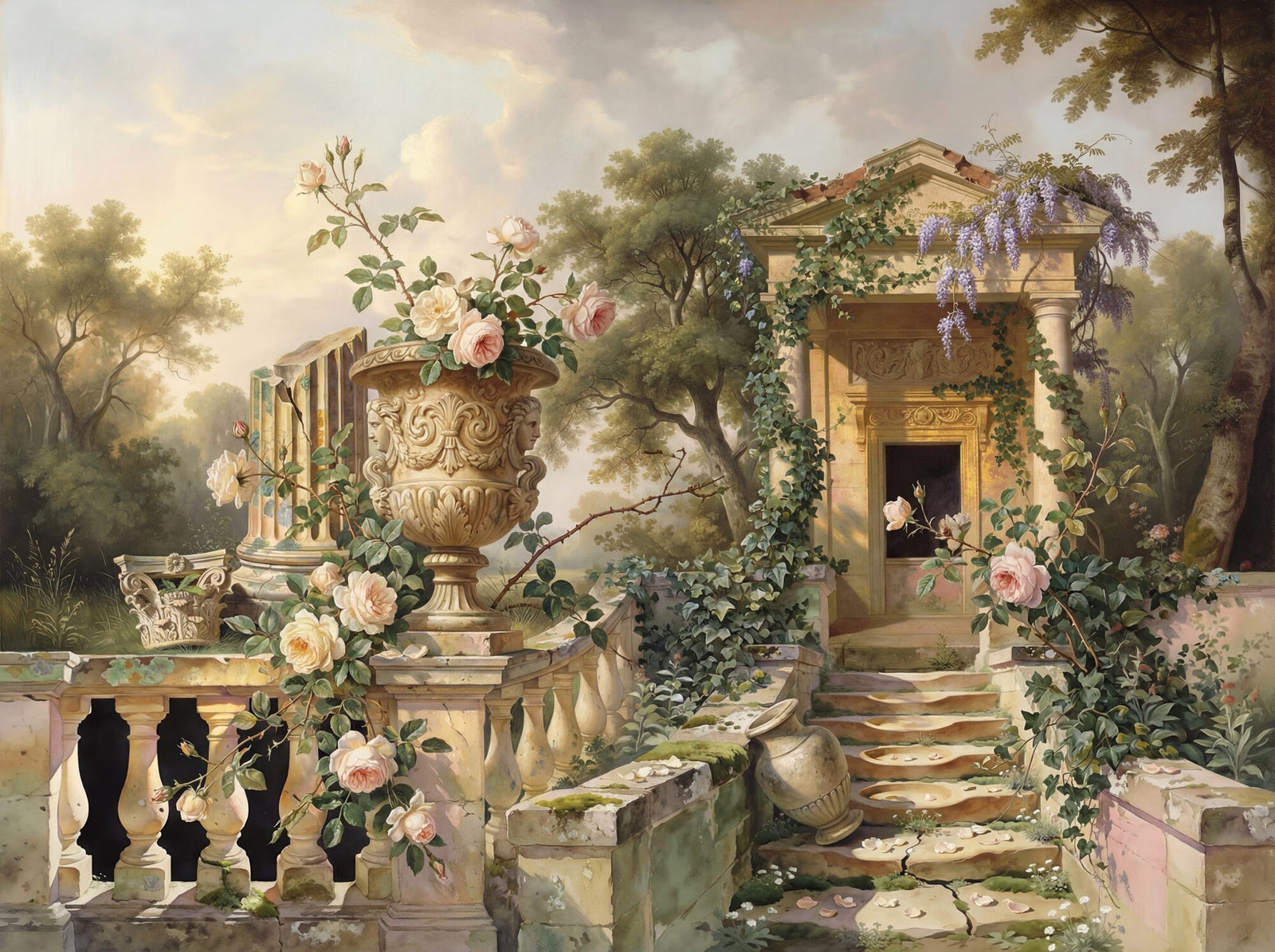 Classical garden mural wallpaper: ornate stone urns with climbing roses in blush and cream, cascading lavender wisteria, ivy-clad balustrade, stone steps leading to a ruined folly under a soft luminous sky