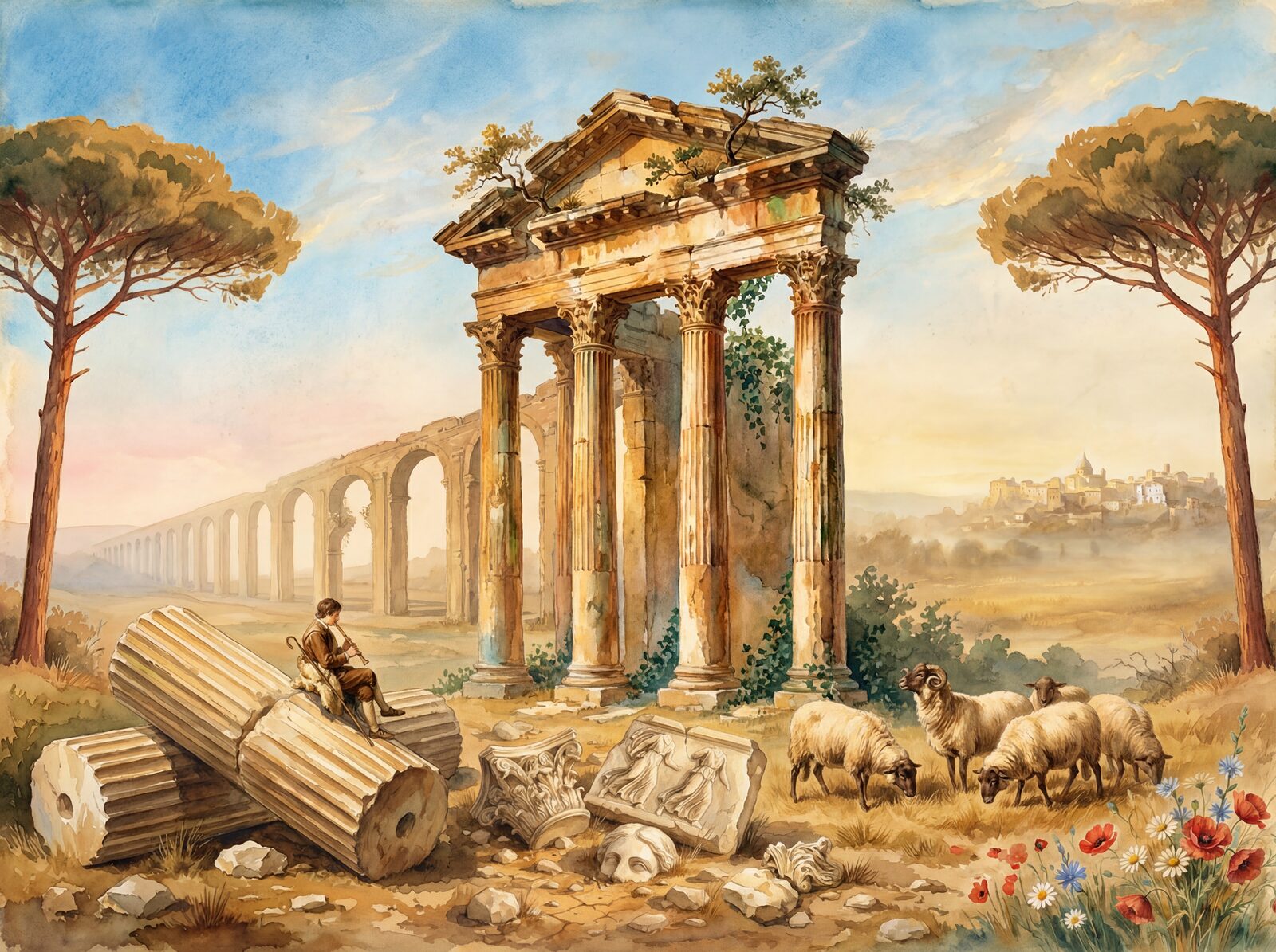 Scenic mural wallpaper in warm stone, earth, and sky tones. Made to order.