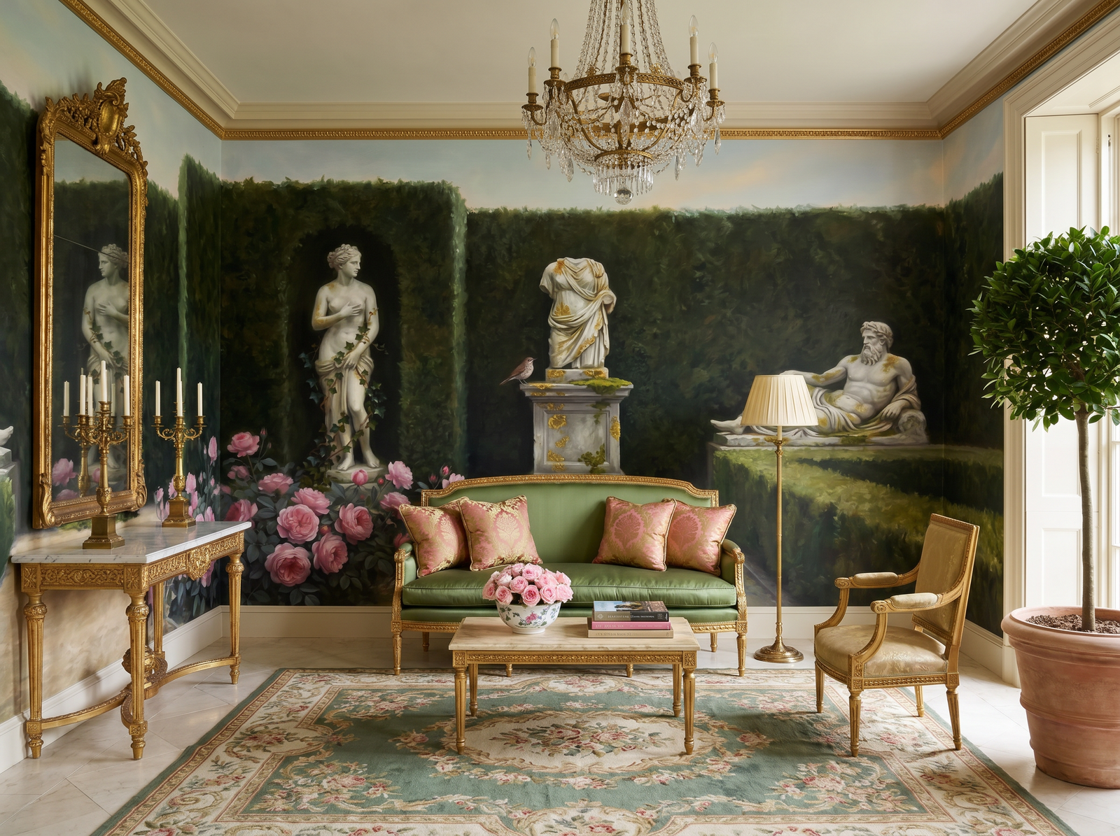 Classical Statue Garden scenic wallpaper mural on the feature wall of an English-country living room, in a moody black-and-charcoal palette — The Wall Shawl.