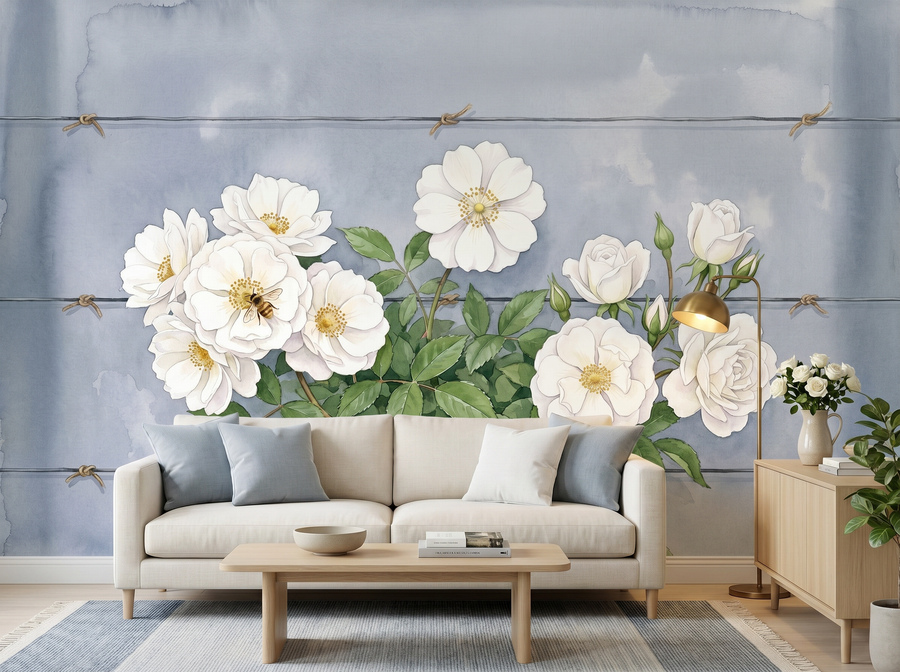 Climbing Iceberg scenic wallpaper mural on the feature wall of a Scandinavian bedroom, in a soft grey palette — The Wall Shawl.