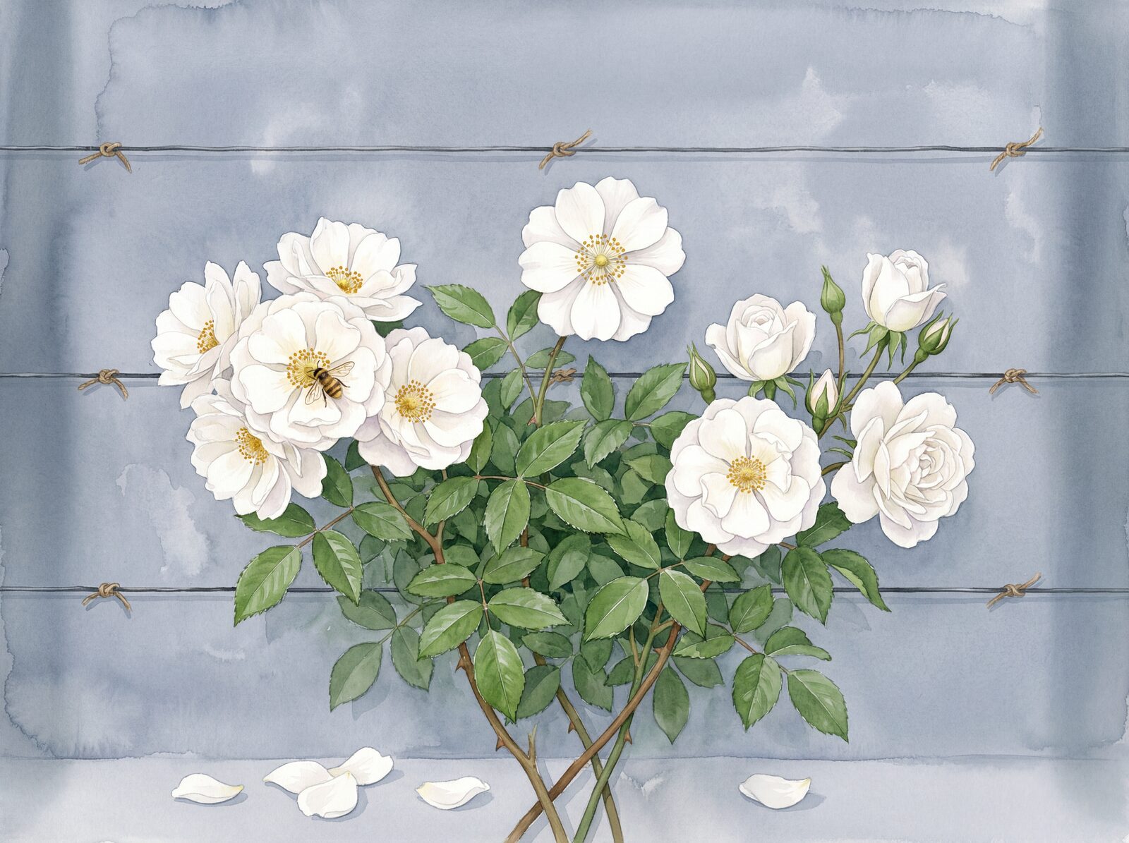 Scenic mural wallpaper featuring white roses on blue-grey, with a palette of Wall Blue-Grey, Iceberg White, and Stamen Gold. Made to order.