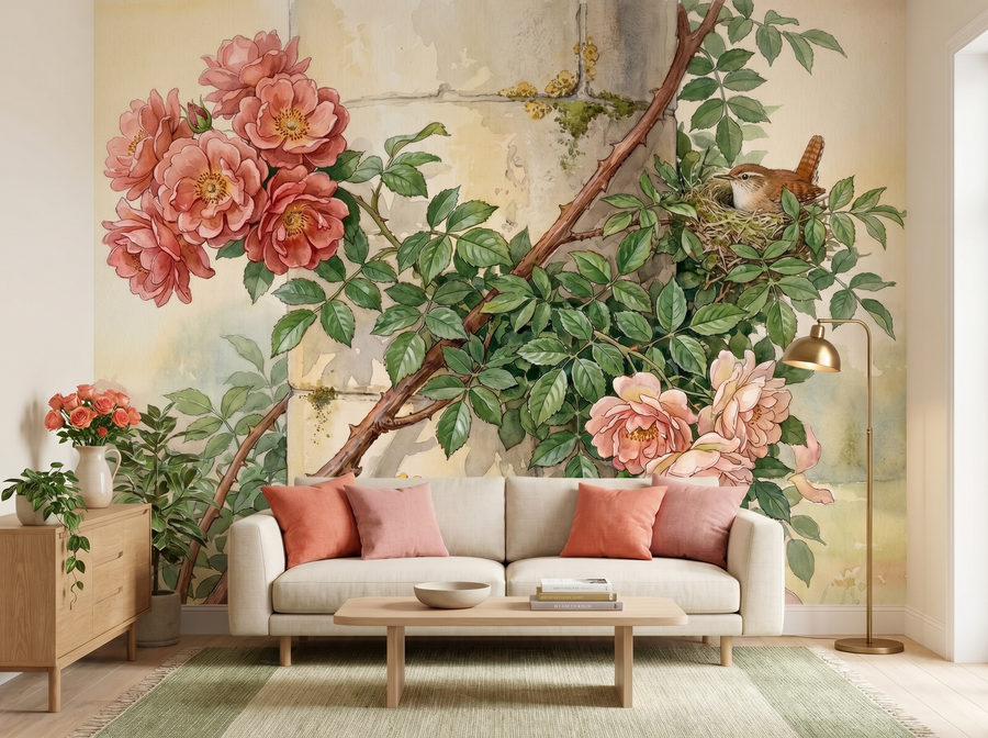 Climbing Rose Column scenic wallpaper mural on the feature wall of an English-country entrance hall, in a soft grey palette — The Wall Shawl.