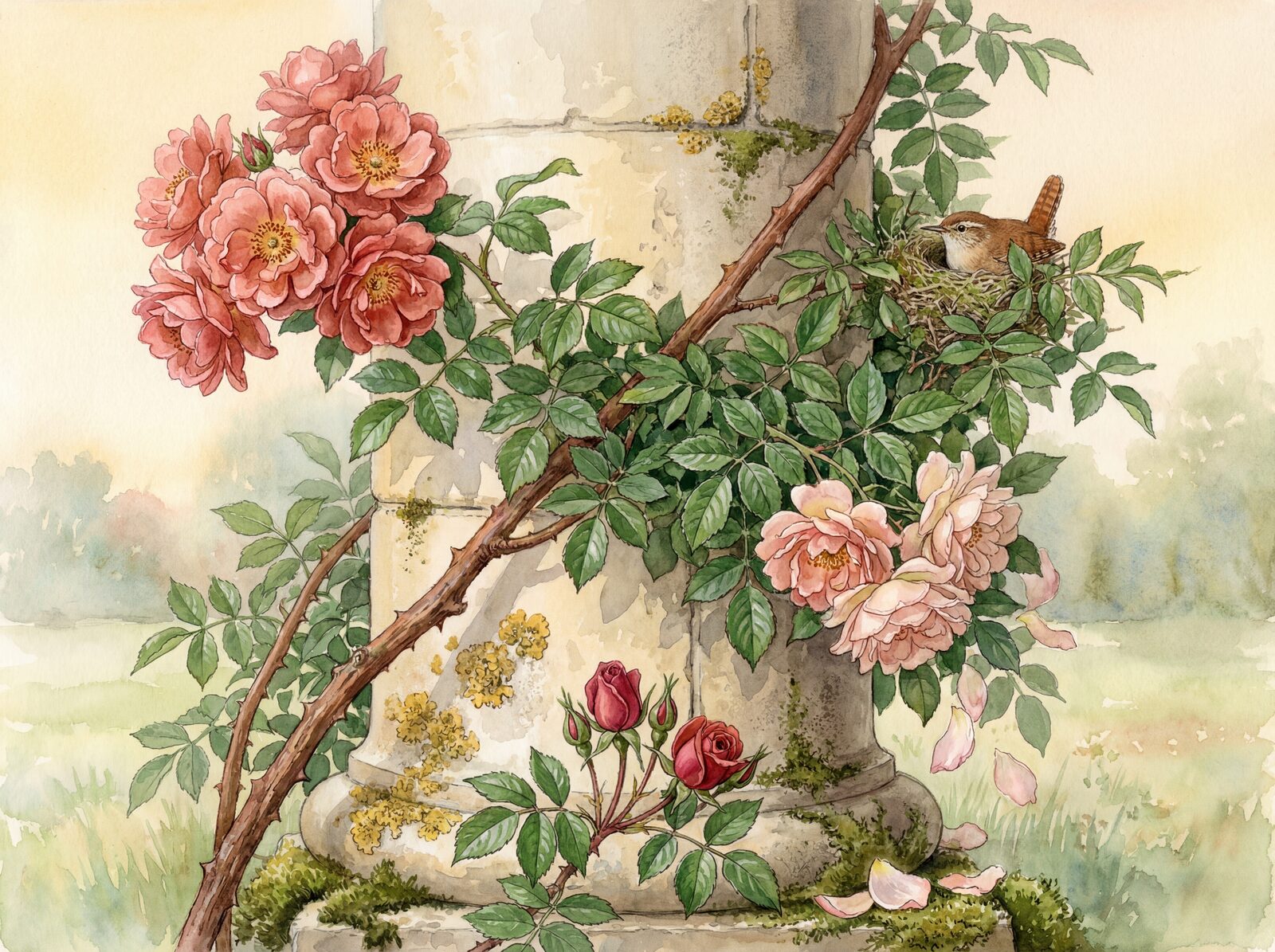 Scenic mural wallpaper featuring a stone column and climbing rose in Portland Stone, Albertine Copper, and Blush Fade. Made to order.