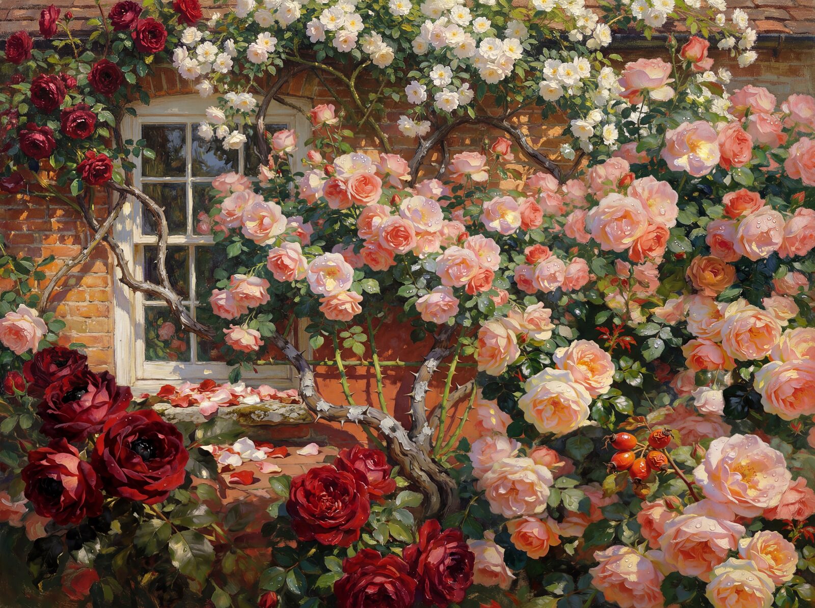 Immerse yourself in a wall of abundant roses. Crimson, blush, apricot, and white blooms with dense foliage. Made to order.
