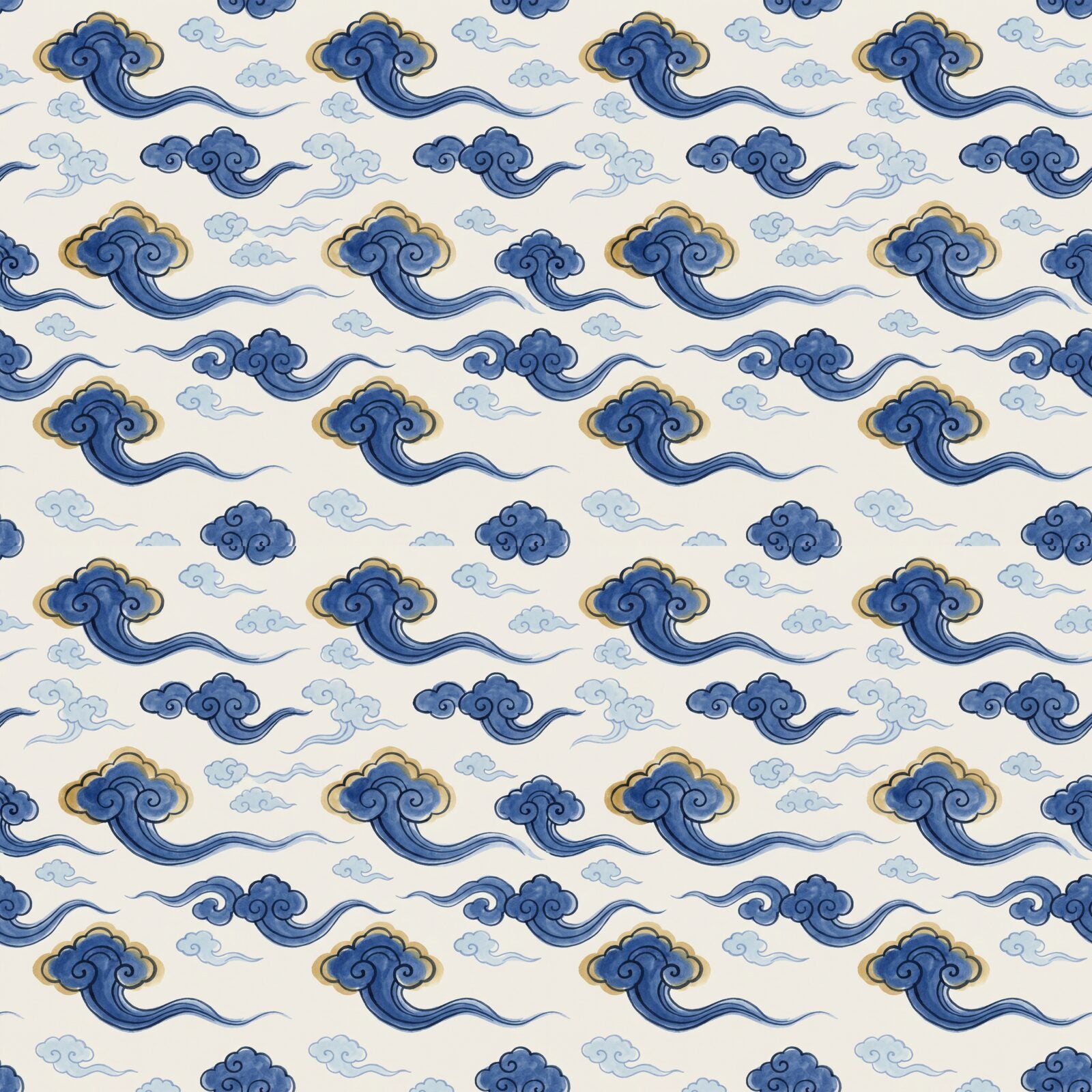 A flowing chinoiserie repeat pattern of auspicious cloud forms in Cobalt Blue, Sky Pale, and Gold Wash. Made to order.