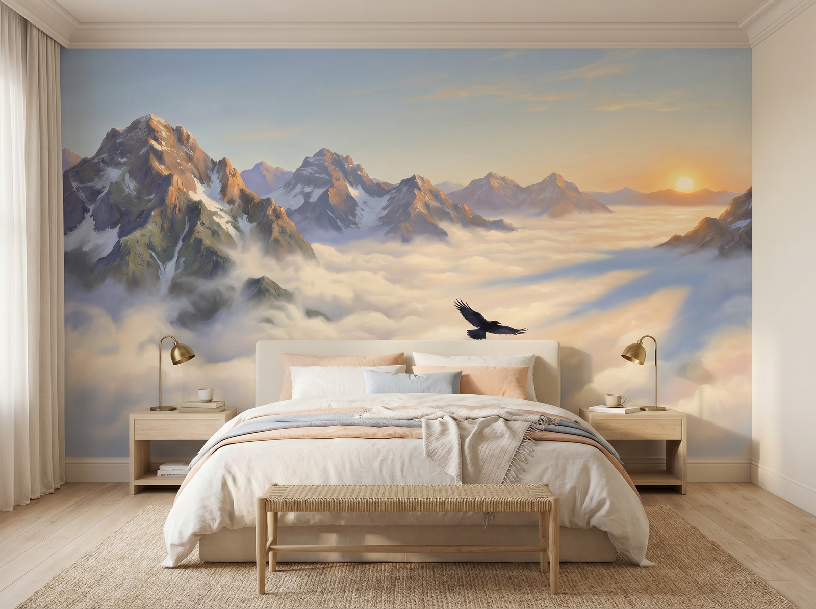 Cloud Inversion scenic wallpaper mural on the feature wall of a modern-rustic bedroom, in a soft grey palette — The Wall Shawl.
