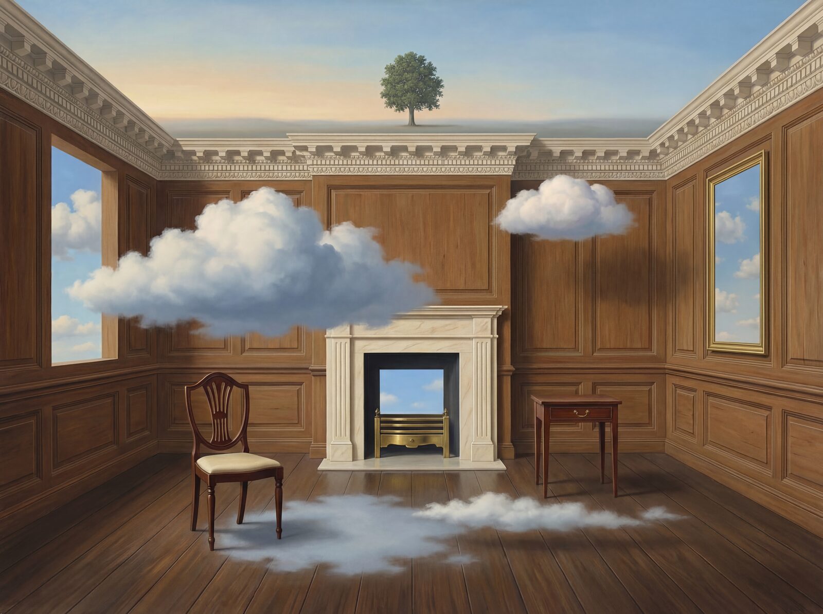 Scenic mural wallpaper in Sky Blue, Cloud White, and warm neutrals. Made to order.