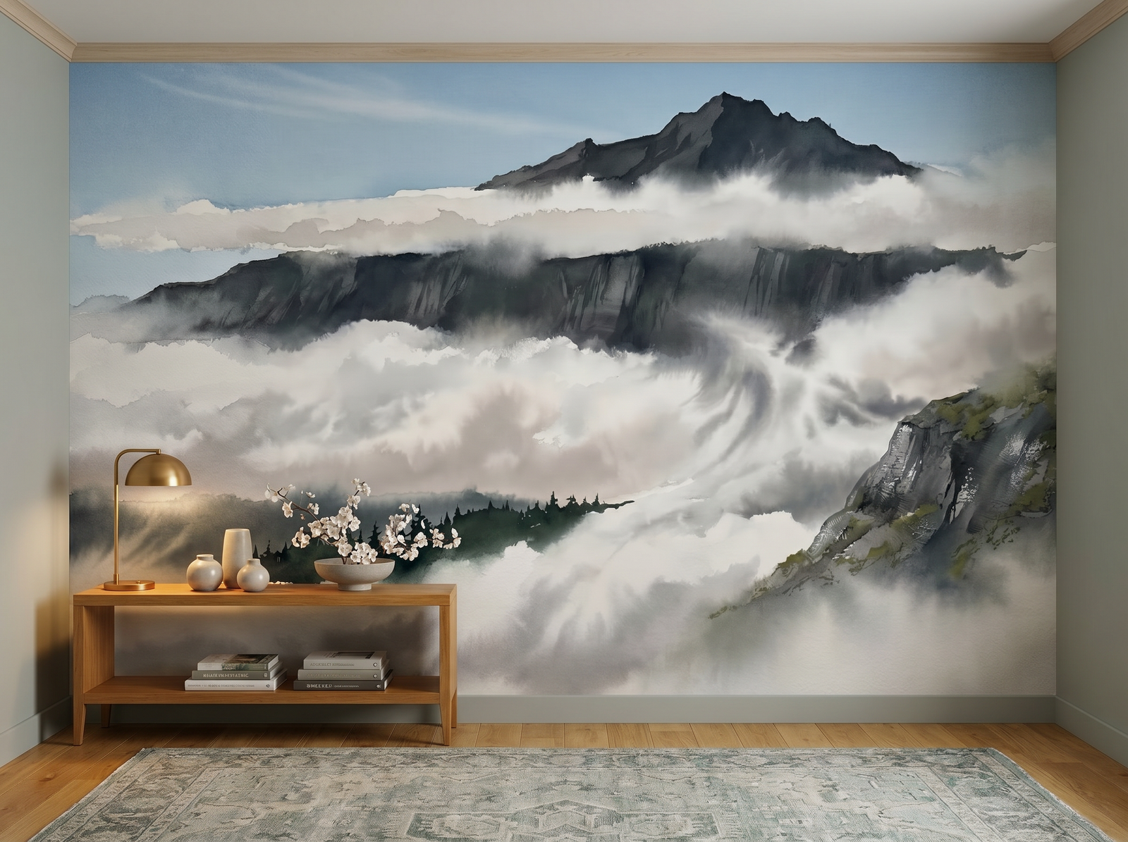 Cloud Shelf scenic wallpaper mural on the feature wall of a biophilic living room, in a soft grey palette — The Wall Shawl.