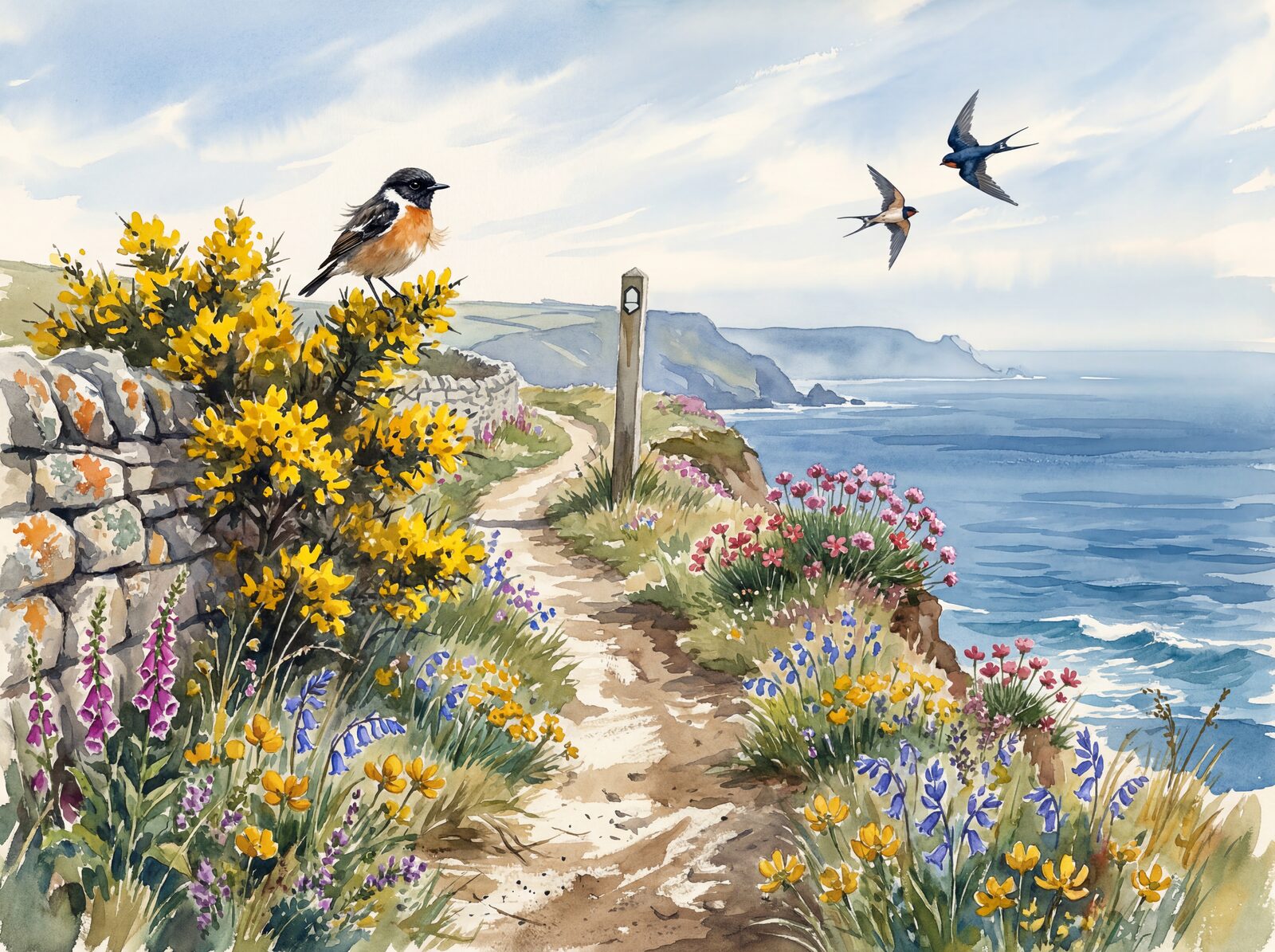 Scenic mural wallpaper with Sea Pink, Campion Red, and Gorse Yellow hues. Made to order.