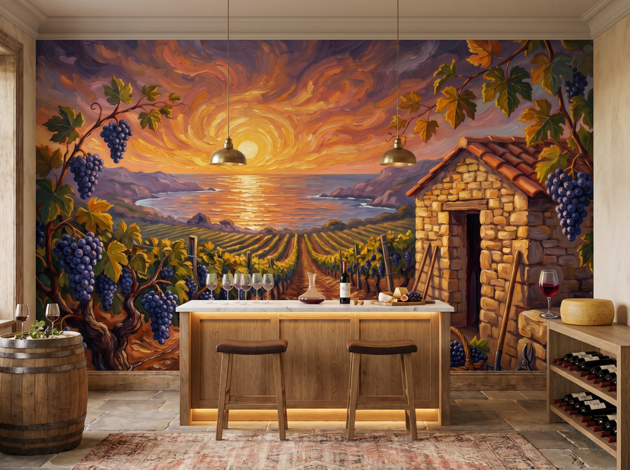 Coastal Vineyard scenic wallpaper mural on the feature wall of a Mediterranean dining room, in a soft grey palette — The Wall Shawl.