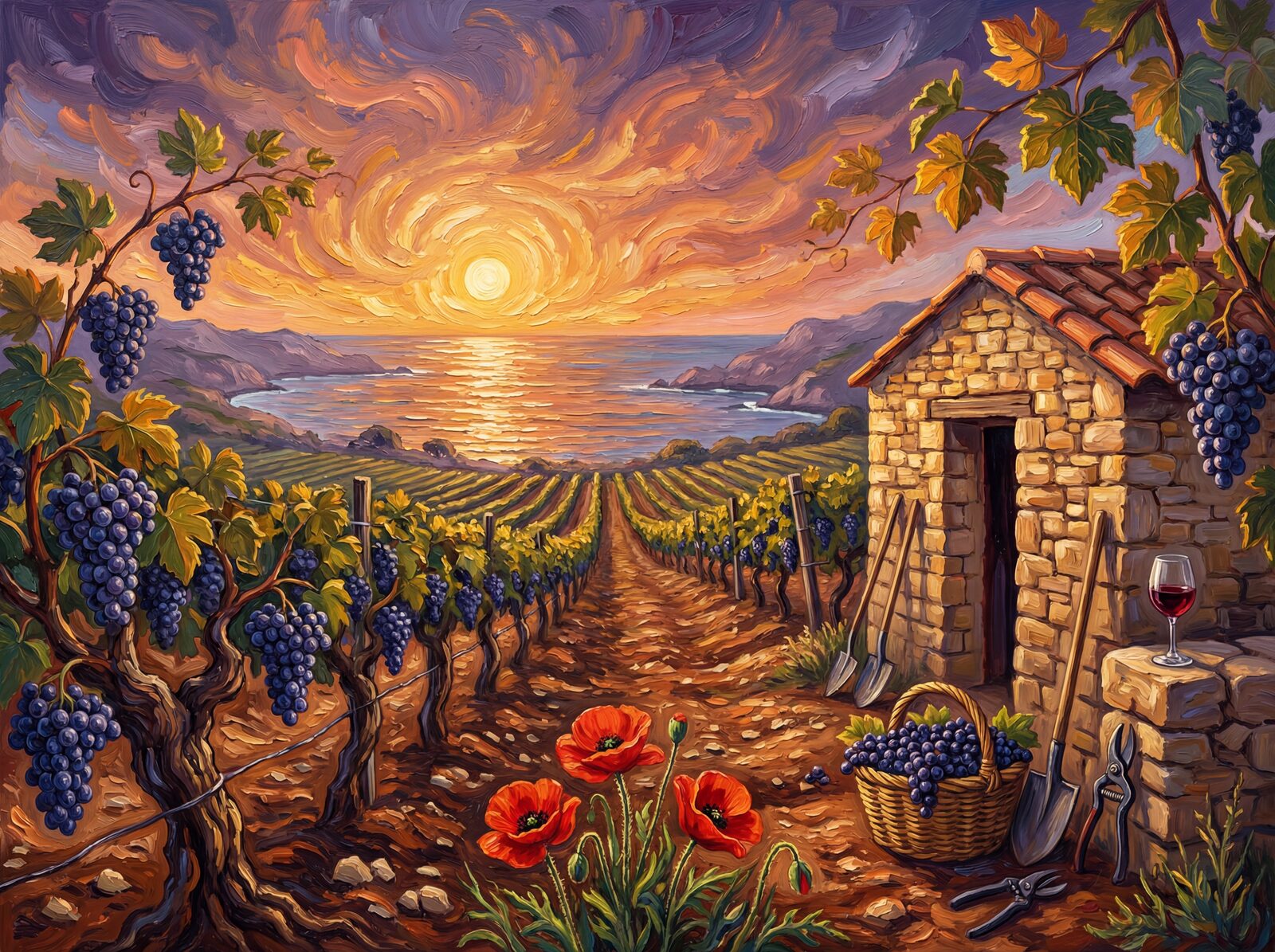 Scenic mural wallpaper in Sunset Gold, Copper Sea, and Grape Bloom. Made to order.