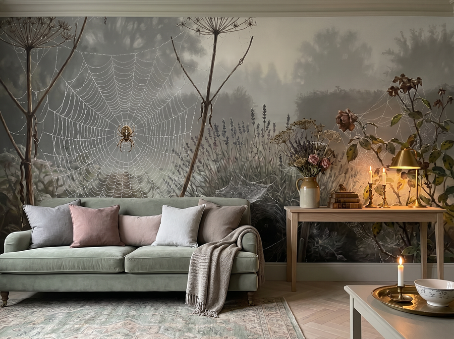 Cobweb Morning scenic wallpaper mural on the feature wall of an English-country kitchen, in a soft grey palette — The Wall Shawl.