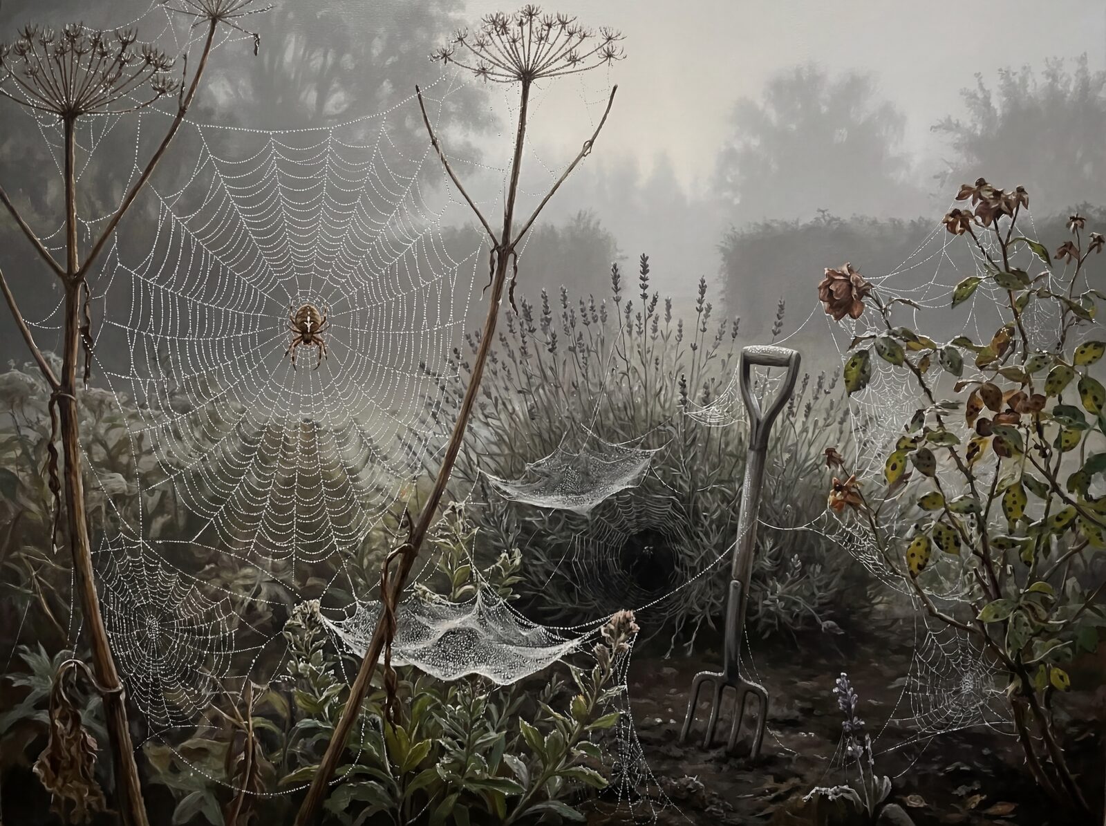 Experience the quiet beauty of a dewy garden morning. Featuring pearl-silver, mist grey, and warm brown tones. Made to order.
