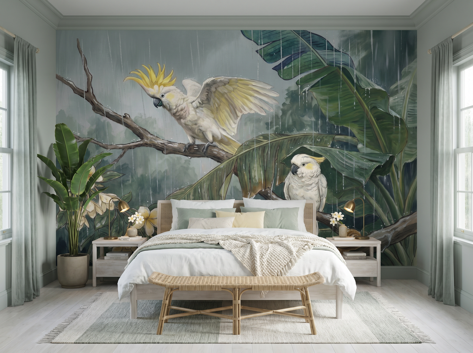 Cockatoo in Rain scenic wallpaper mural on the feature wall of an English-country bathroom, in a golden yellow-and-ochre palette — The Wall Shawl.