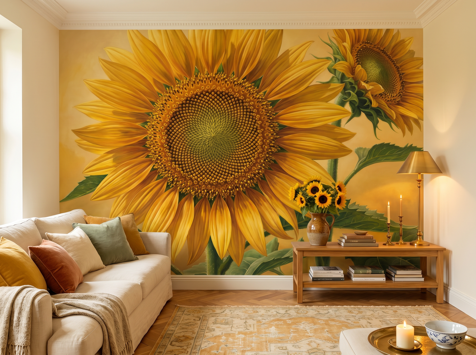 Colossal Sunflower scenic wallpaper mural on the feature wall of an English-country kitchen, in a golden yellow-and-ochre palette — The Wall Shawl.