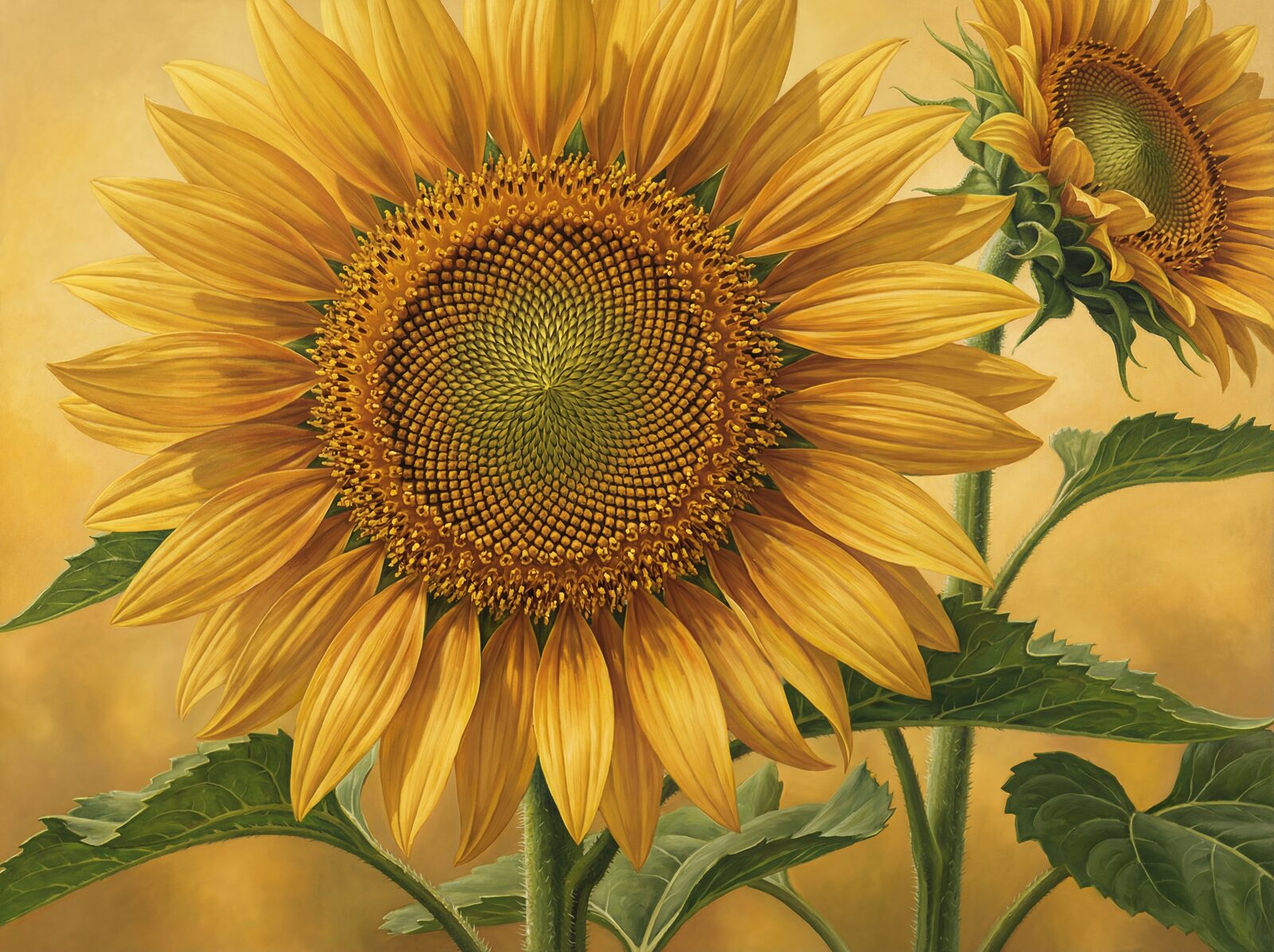 Immerse yourself in the radiant mathematics of a colossal sunflower. Golden yellows and rich browns. Made to order.