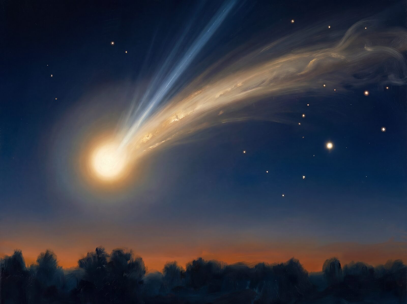 Witness a celestial spectacle with our Comet Trail mural, featuring a palette of Twilight Navy, Coma White, and Dust Tail Gold. Made to order.