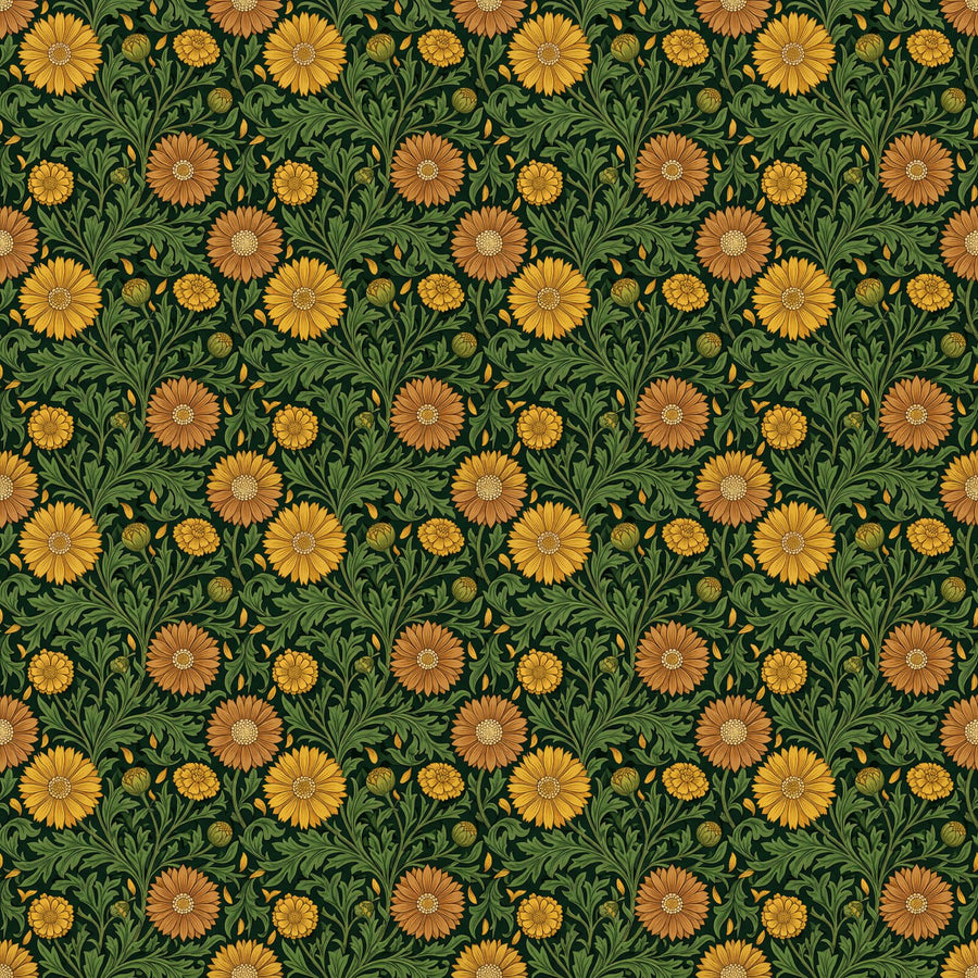 Immerse your space in the warm, dense beauty of Compton Marigold. With a rich palette of forest green, marigold gold, and copper, this Morris design is a luxurious country house st
