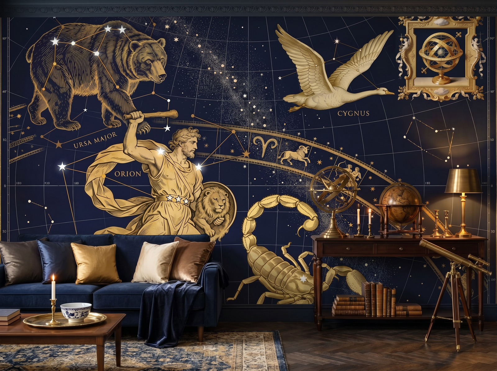 Constellation Map scenic wallpaper mural on the feature wall of a dark-academia study, in a moody black-and-charcoal palette — The Wall Shawl.
