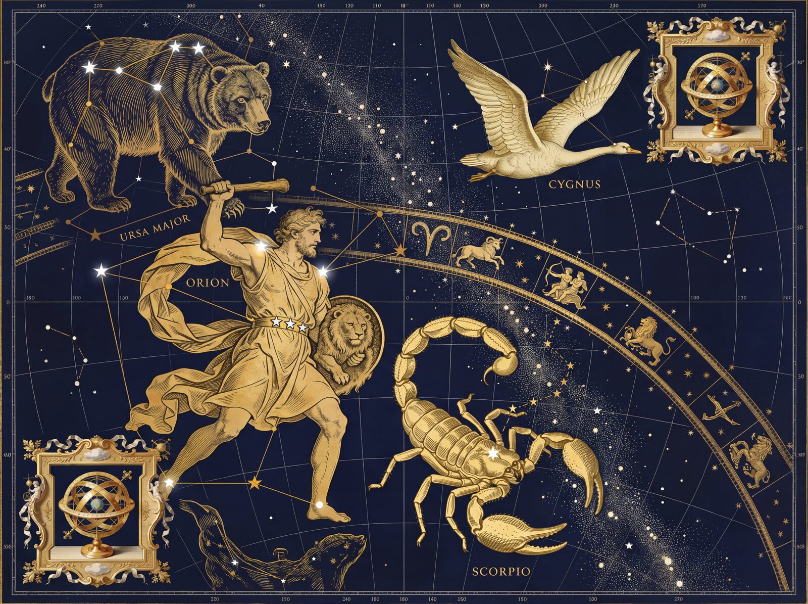 An 18th-century celestial atlas featuring gold constellation figures on a deep navy ground. Made to order.