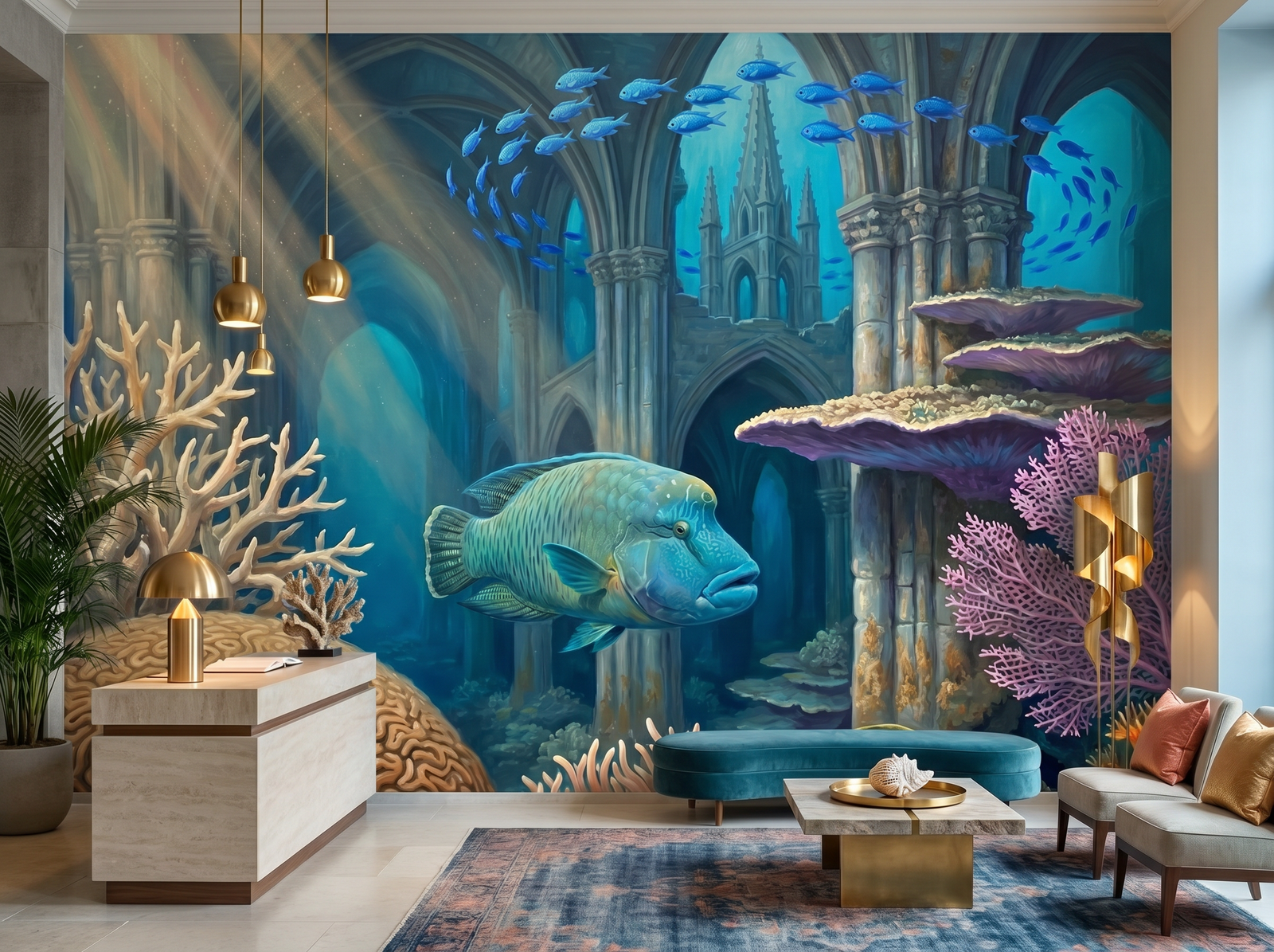 Coral Cathedral scenic wallpaper mural on the feature wall of a coastal study, in a cool blue palette — The Wall Shawl.