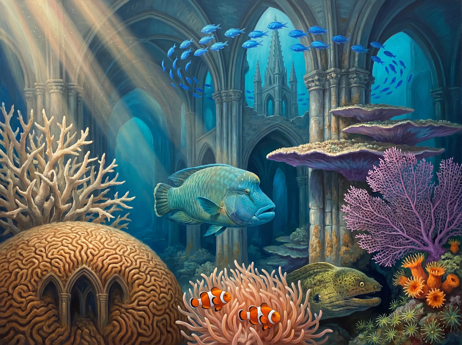 Tropical reef scene with turquoise, cobalt, and coral hues. Made to order.