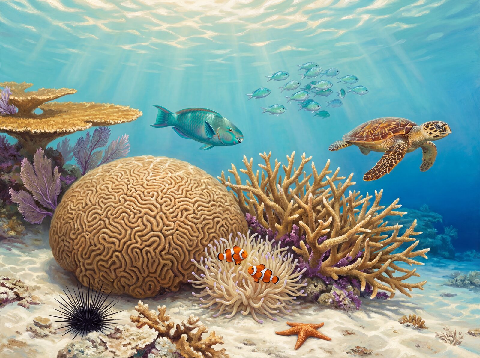 Underwater scenic mural with Reef Turquoise, Deep Blue, and Soft Coral Purple. Made to order.