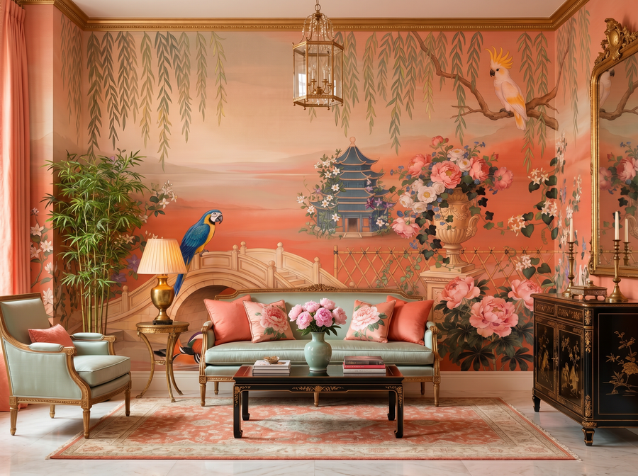 Coral Salon Chinoiserie Garden scenic wallpaper mural on the feature wall of a chinoiserie dining room, in a soft grey palette — The Wall Shawl.