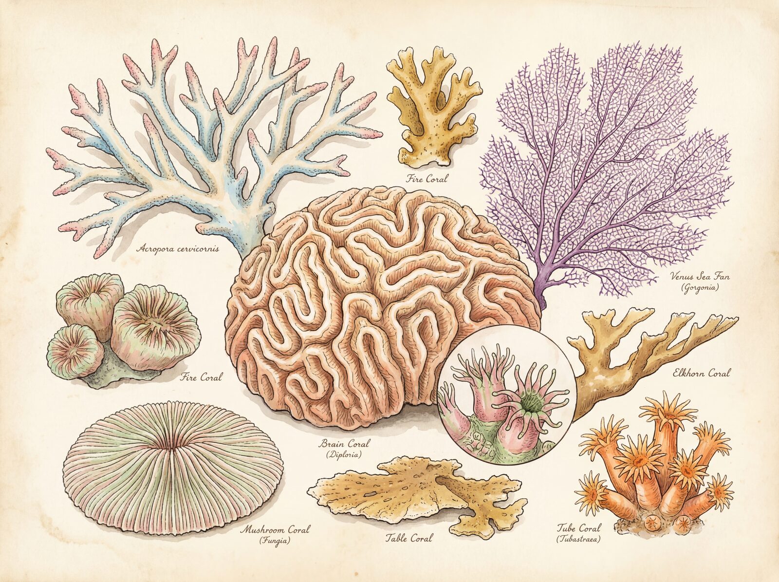 Immerse yourself in a scholarly collection of coral specimens. Featuring Living Coral pinks, Deep Reef blues, and Museum White. Made to order.