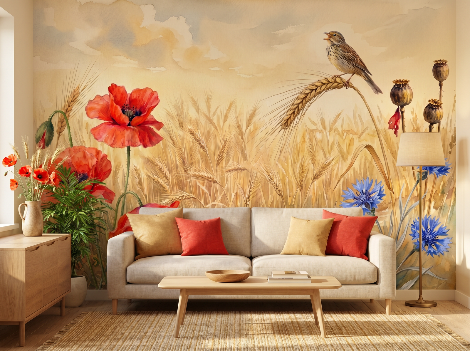Cornfield Edge scenic wallpaper mural on the feature wall of an English-country kitchen, in a soft grey palette — The Wall Shawl.