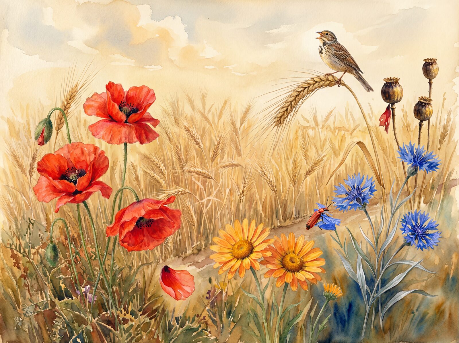 Vibrant cornfield scene with Wheat Gold, Poppy Red, and Cornflower Blue. Made to order.