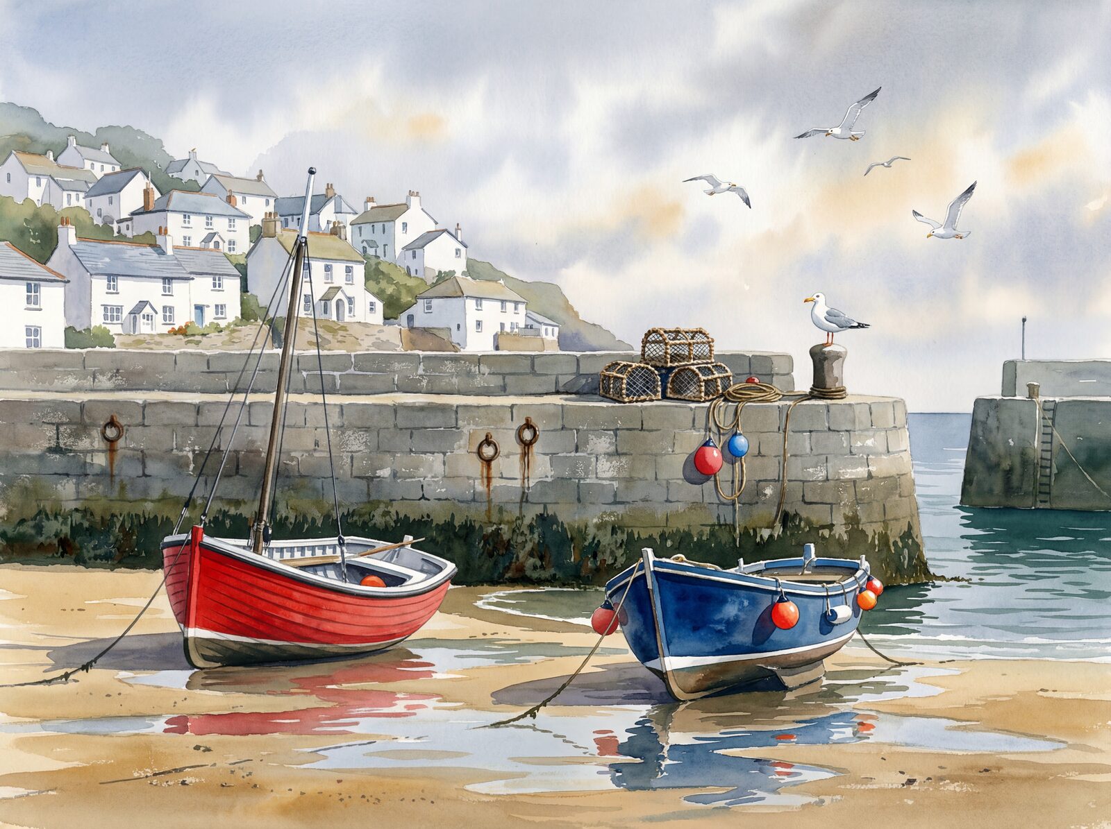 Vibrant Cornish harbour scene with Boat Red, Boat Blue, and Harbour Green. Made to order.