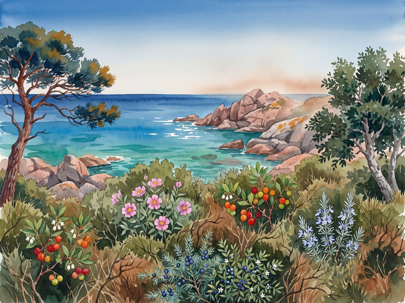 Immersive scenic wallpaper featuring Maquis Green, Sea Emerald, and Cistus Pink. Made to order.