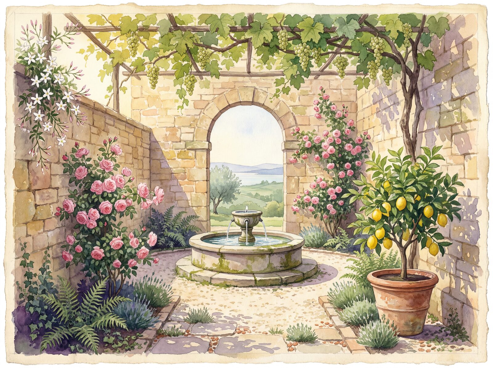 Scenic mural wallpaper in Garden Green, Rose Pink, and Warm Stone tones. Made to order.