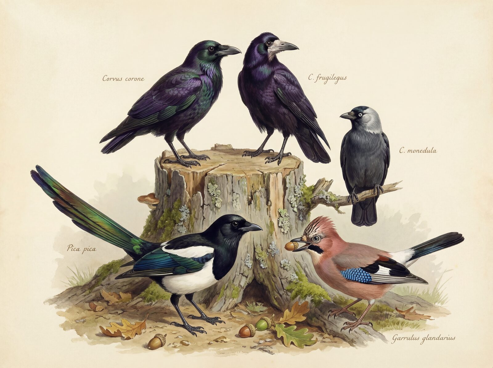 Observe five intelligent corvids in exquisite detail on an aged vellum ground. Black, grey, blue, and iridescent green-bronze. Made to order.