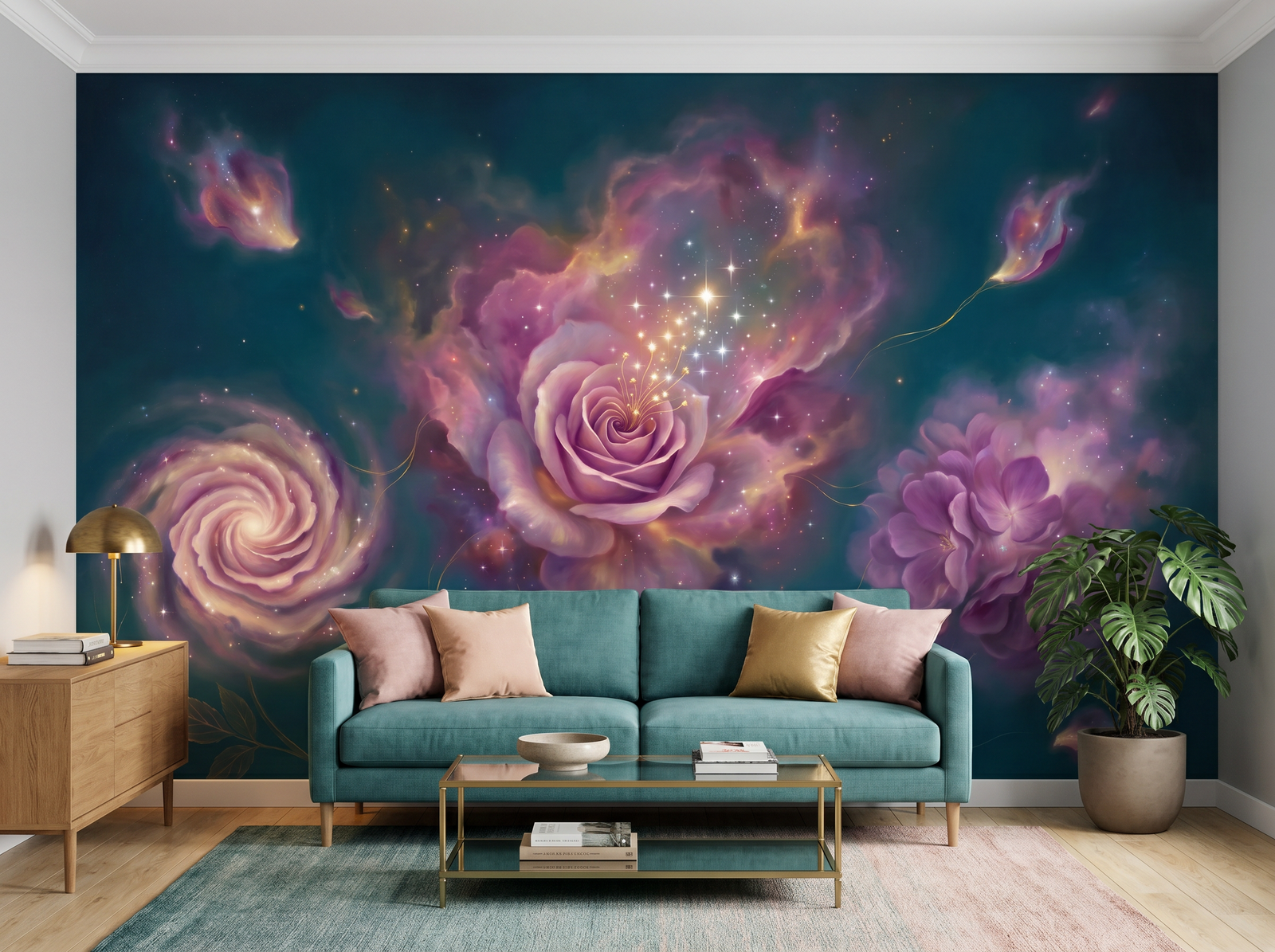 Cosmic Garden scenic wallpaper mural on the feature wall of a maximalist living room, in a moody black-and-charcoal palette — The Wall Shawl.