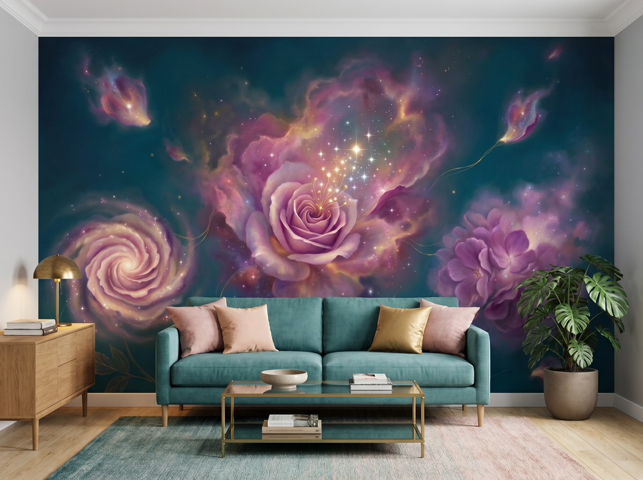 Cosmic Garden scenic wallpaper mural on the feature wall of a maximalist living room, in a moody black-and-charcoal palette — The Wall Shawl.