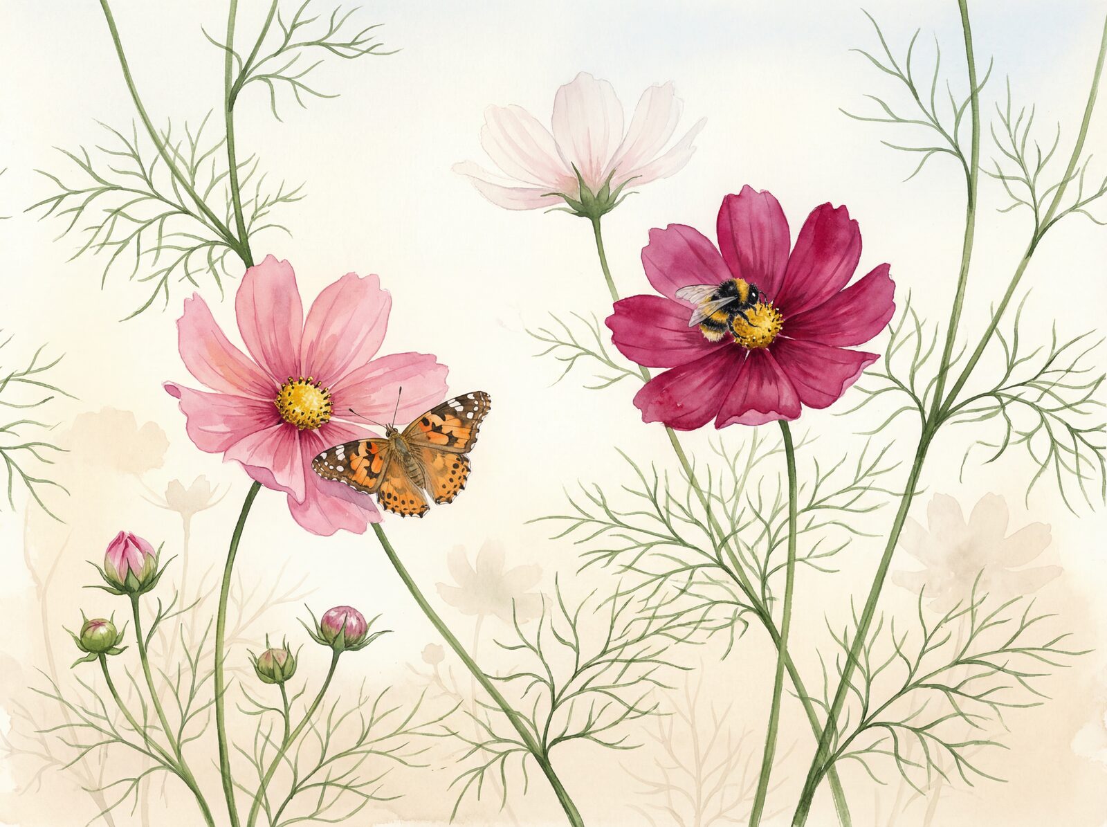 Scenic mural wallpaper featuring cosmos flowers in pink, magenta, and white hues. Made to order.