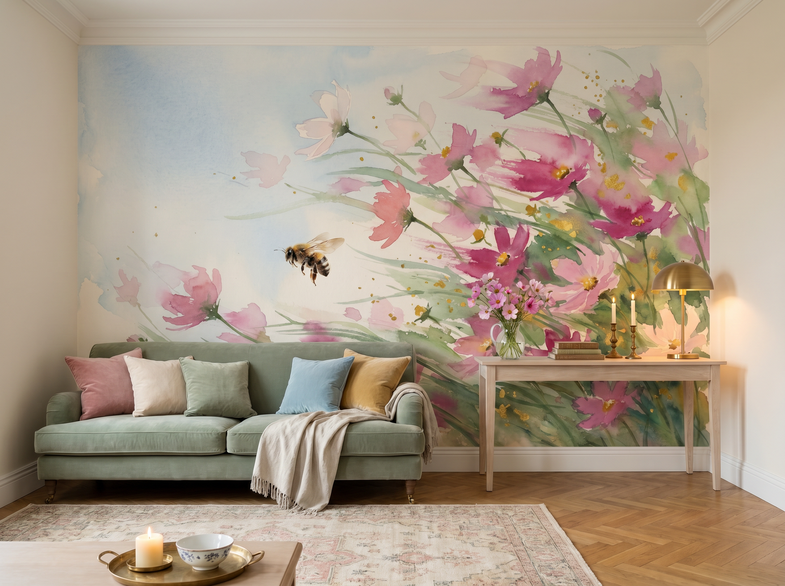 Cosmos in Breeze scenic wallpaper mural on the feature wall of a maximalist living room, in a soft grey palette — The Wall Shawl.