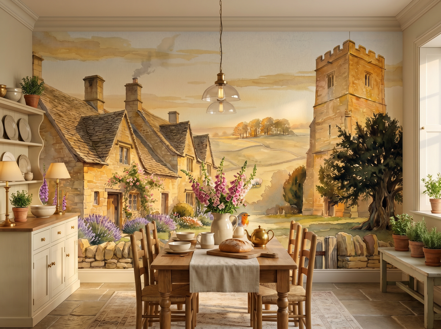 Cotswold Village scenic wallpaper mural on the feature wall of an English-country dining room, in a soft grey palette — The Wall Shawl.