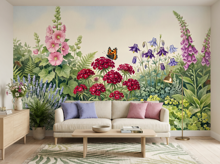 Cottage Garden Border scenic wallpaper mural on the feature wall of an English-country kitchen, in a verdant green palette — The Wall Shawl.