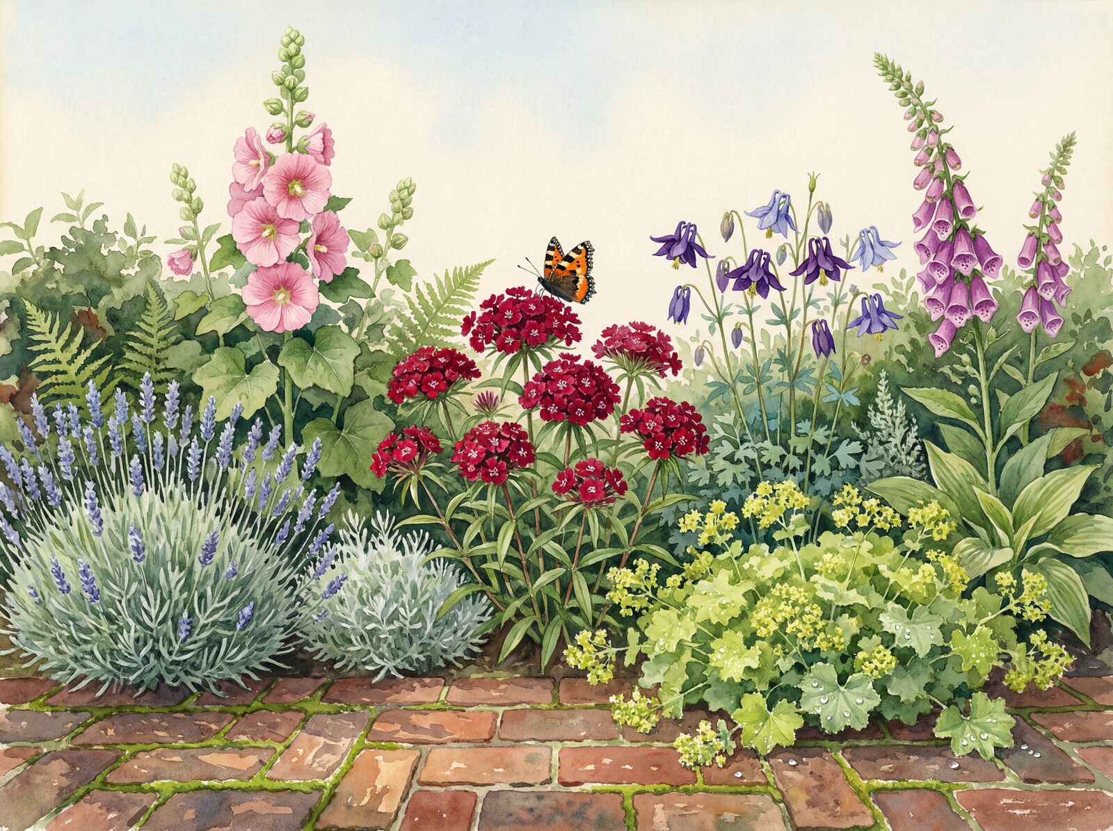 Vibrant cottage garden scene with Brick Path, Hollyhock Pink, and Lavender Blue. Made to order.