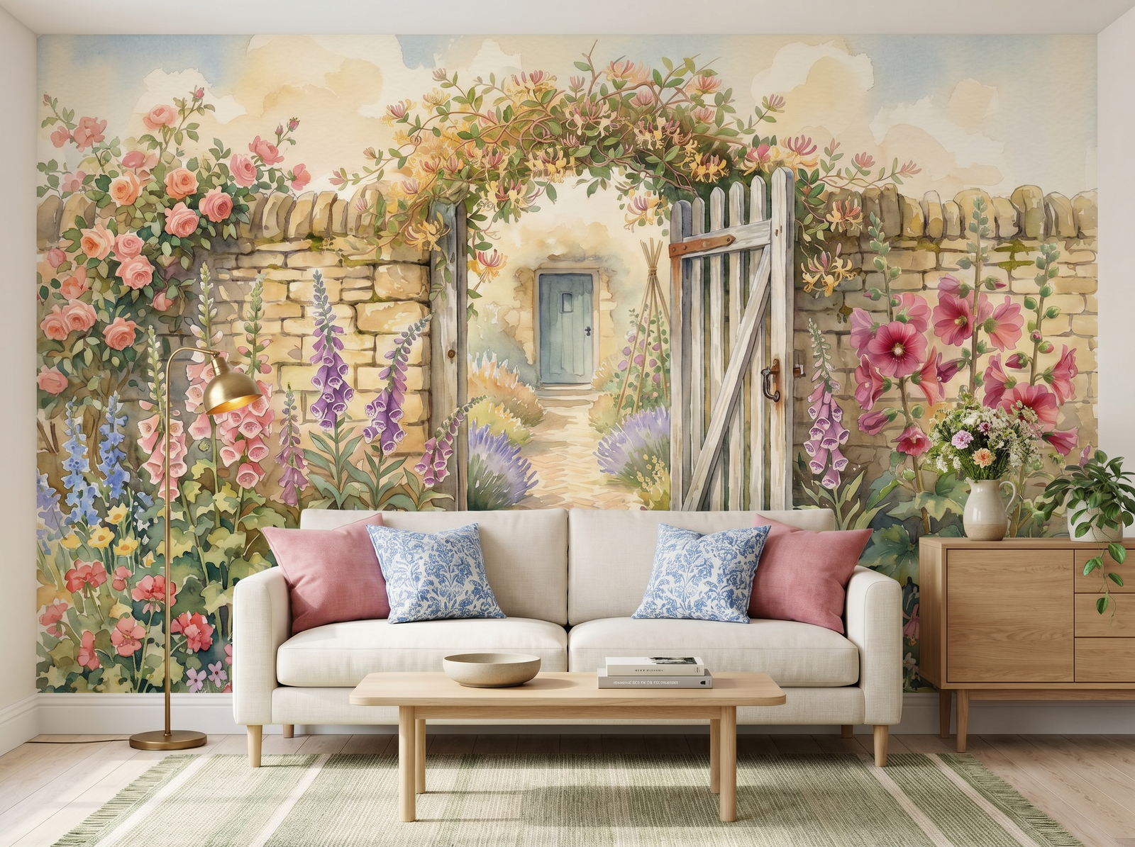 Cottage Garden Gate scenic wallpaper mural on the feature wall of an English-country entrance hall, in a deep purple palette — The Wall Shawl.