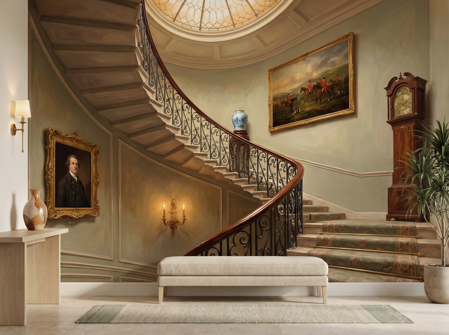 Country House Staircase scenic wallpaper mural on the feature wall of a traditional stair landing, in a moody black-and-charcoal palette — The Wall Shawl.