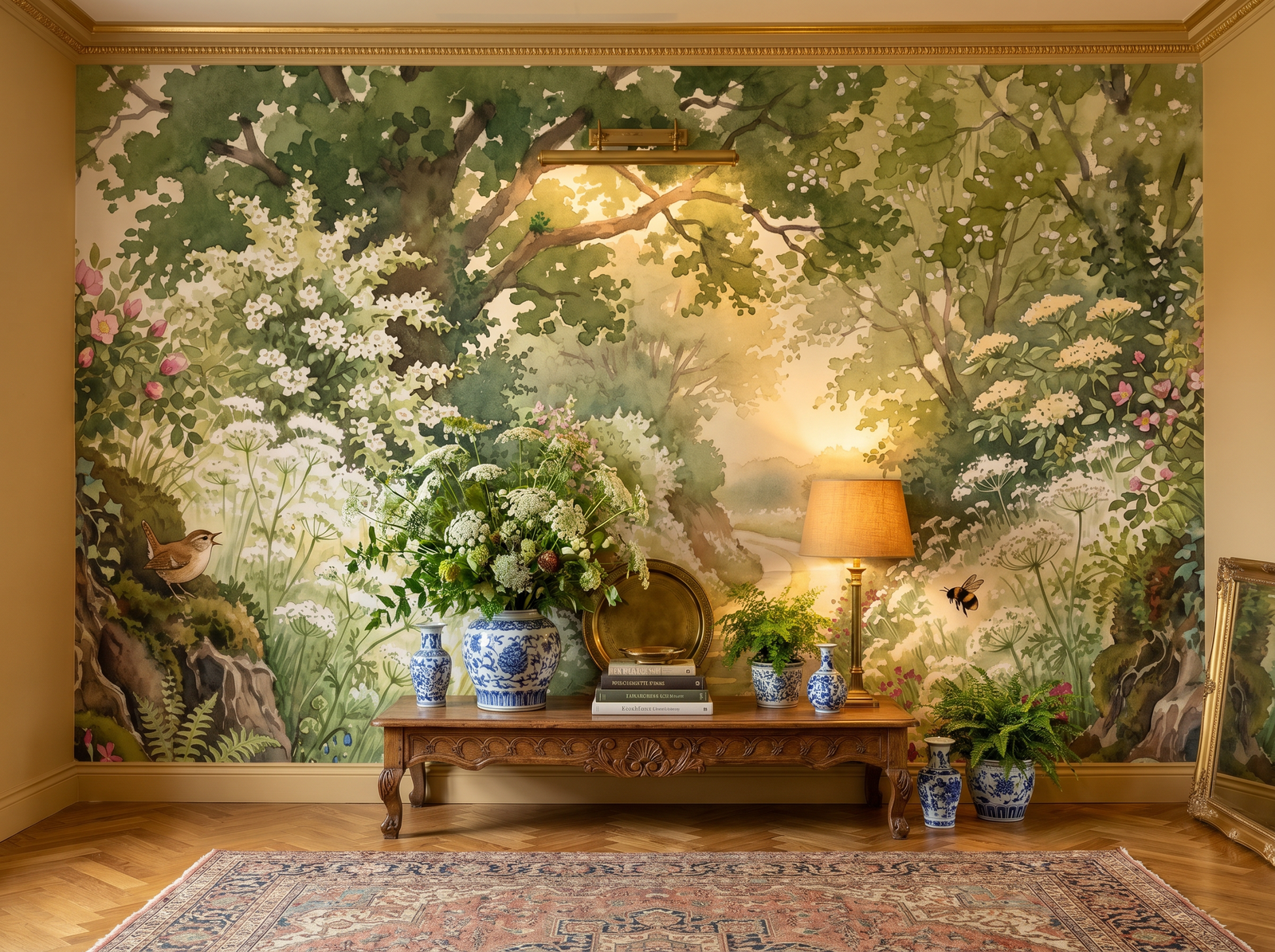 Country Lane scenic wallpaper mural on the feature wall of an English-country entrance hall, in a verdant green palette — The Wall Shawl.