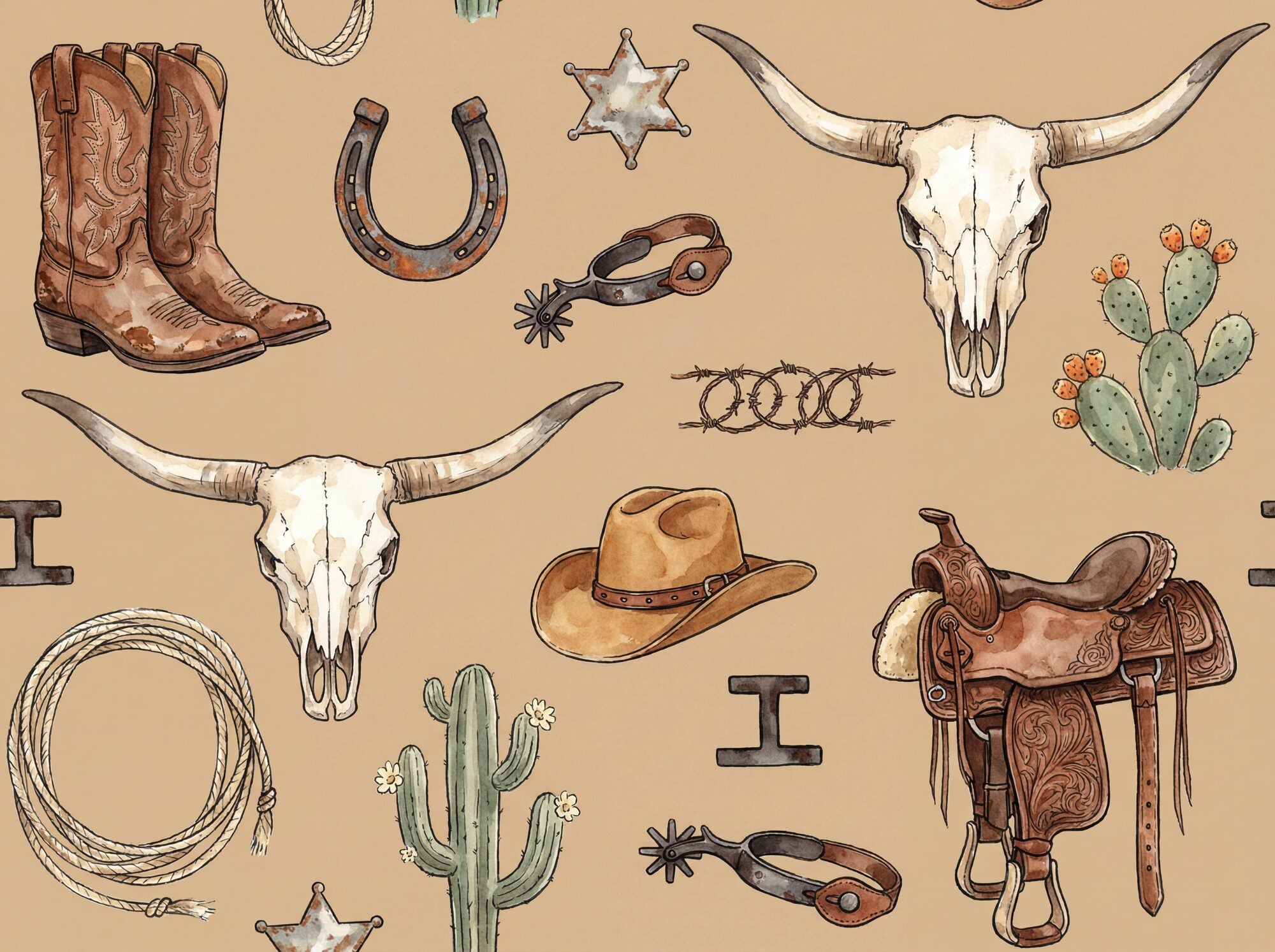 Vintage-illustration western ranch scatter on warm desert tan ground: cowboy boots, steer skull with long horns, coiled lasso, leather saddle, horseshoe, cowboy hat, saguaro cactus, prickly pear, sheriff's star, spur, and barbed wire in earthy saddle-brown, rust, sage, and cream watercolour