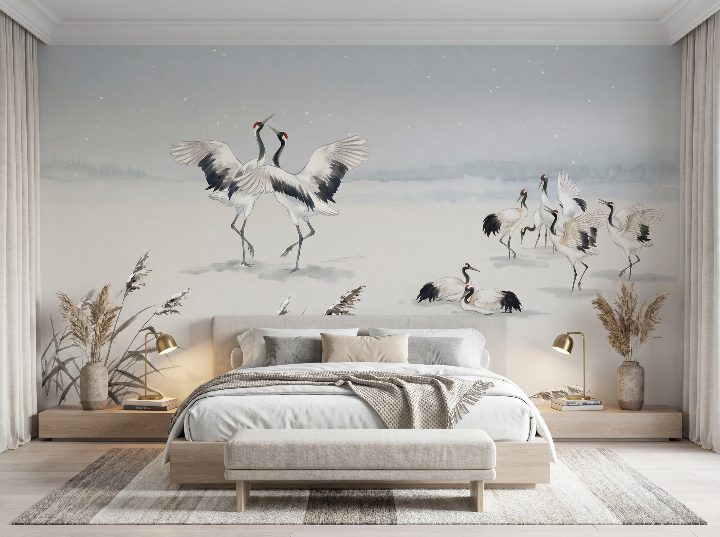 Crane Dance scenic wallpaper mural on the feature wall of a chinoiserie living room, in a soft grey palette — The Wall Shawl.